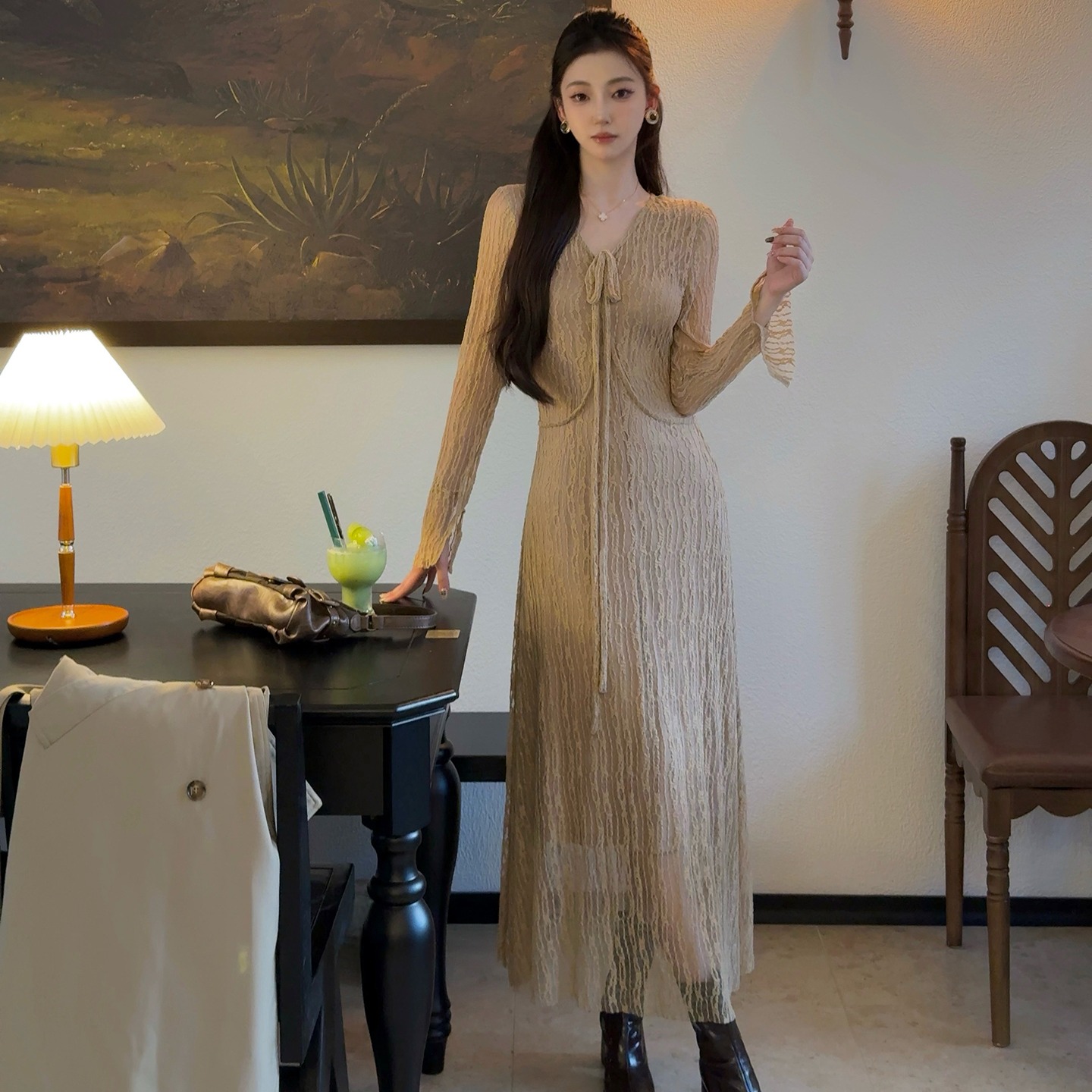 MY14435# 小丽 拾雾山雨法式喇叭袖针织长裙收腰包臀鱼尾裙蕾丝v领连...