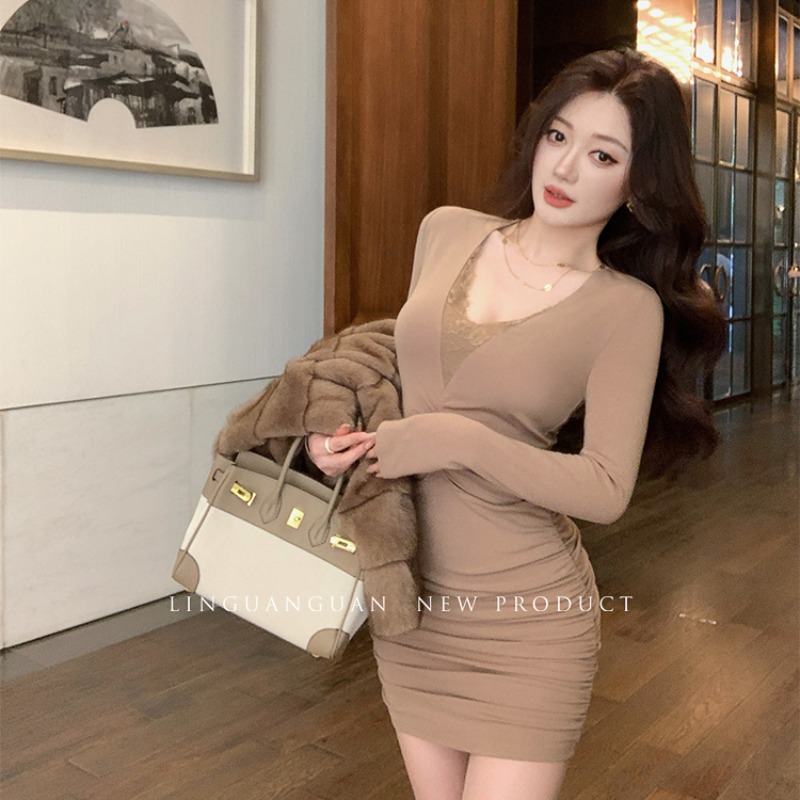 MY14432# CUTE专属美拉德色系辣妹秋季气质修身包臀裙长袖打底连衣...