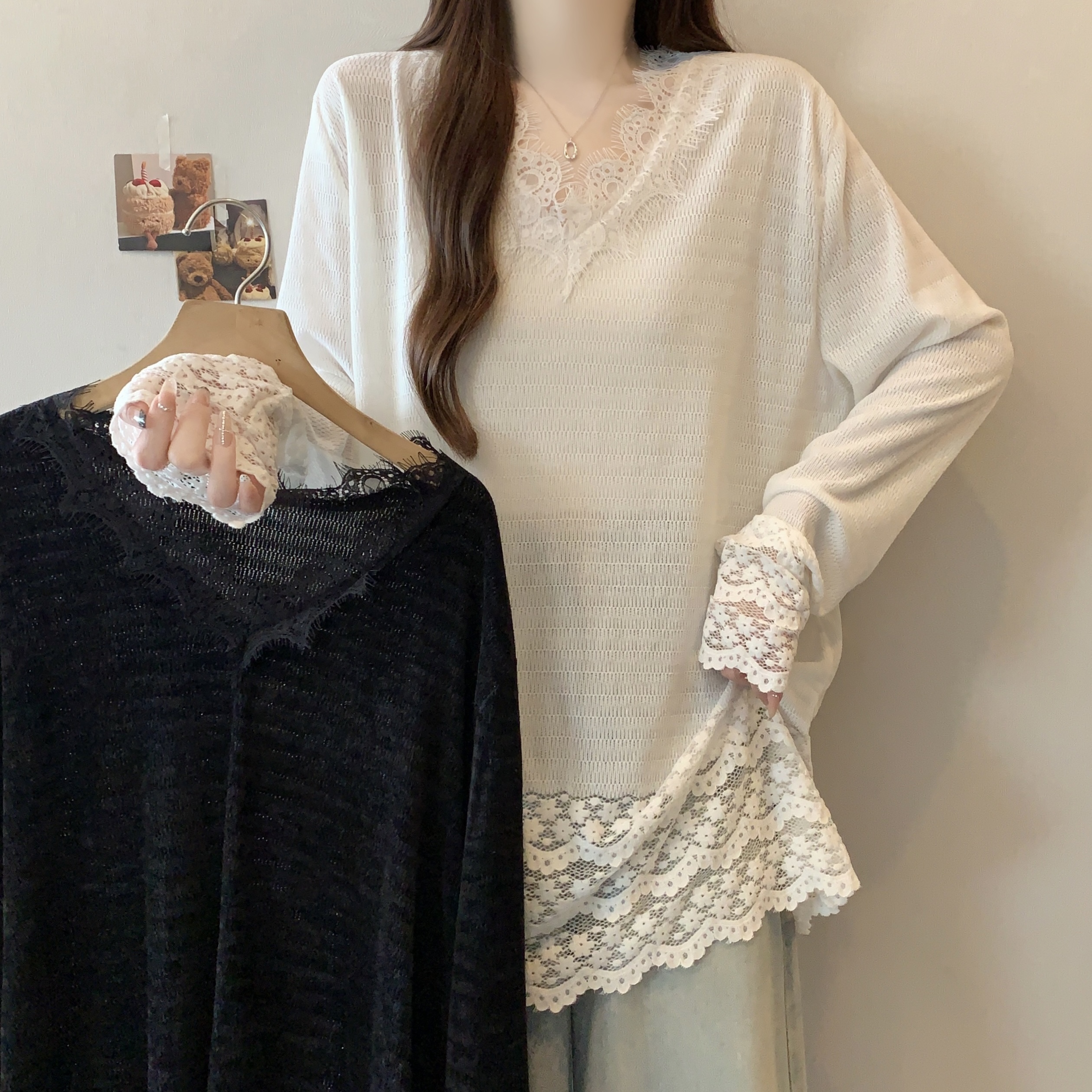 MY14770# 大码新款纯色V领拼接蕾丝打底衫T恤宽松百搭休闲上衣女裝貨...