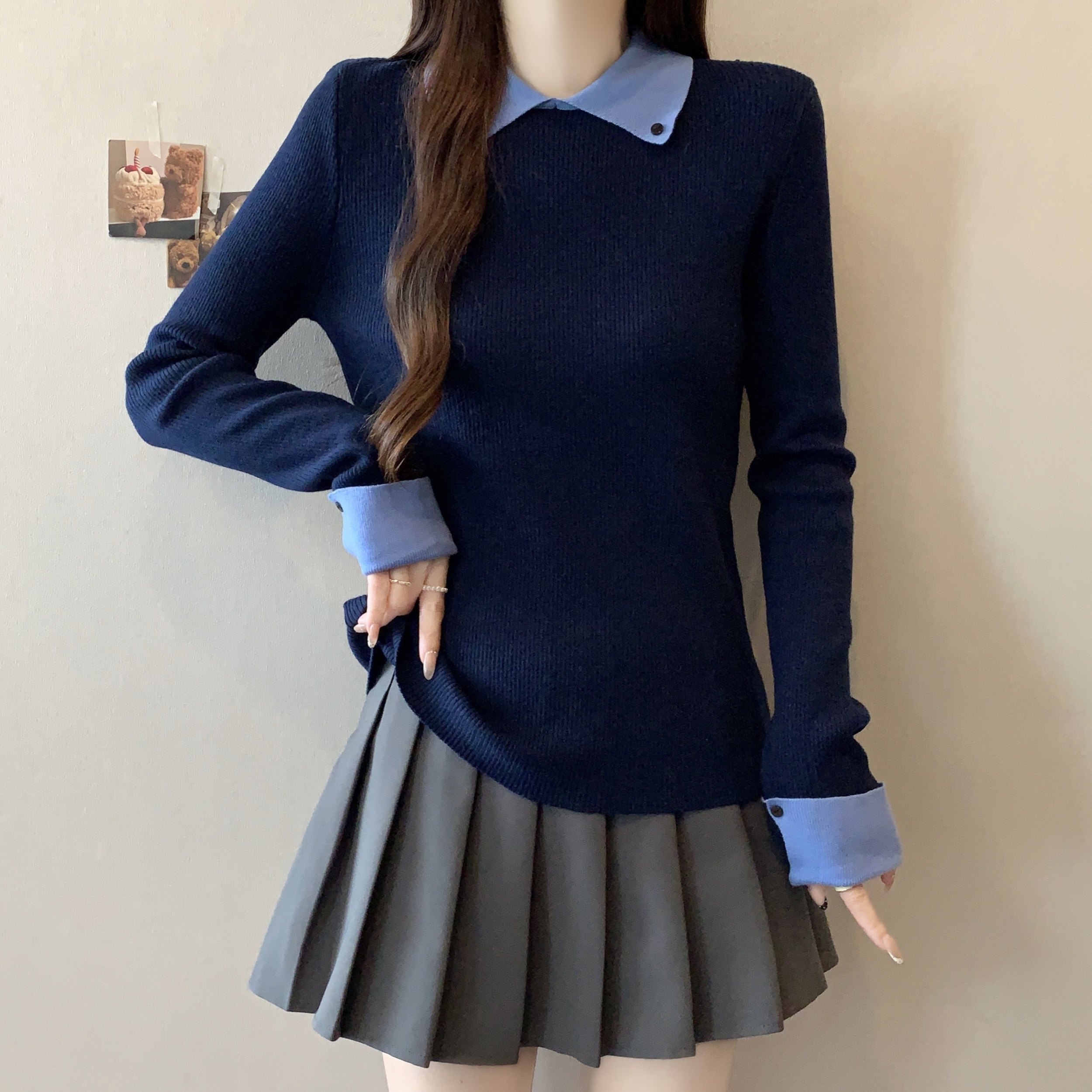 MY16002# 大码时尚拼接polo领针织衫新款韩系气质修身打底上衣女裝...