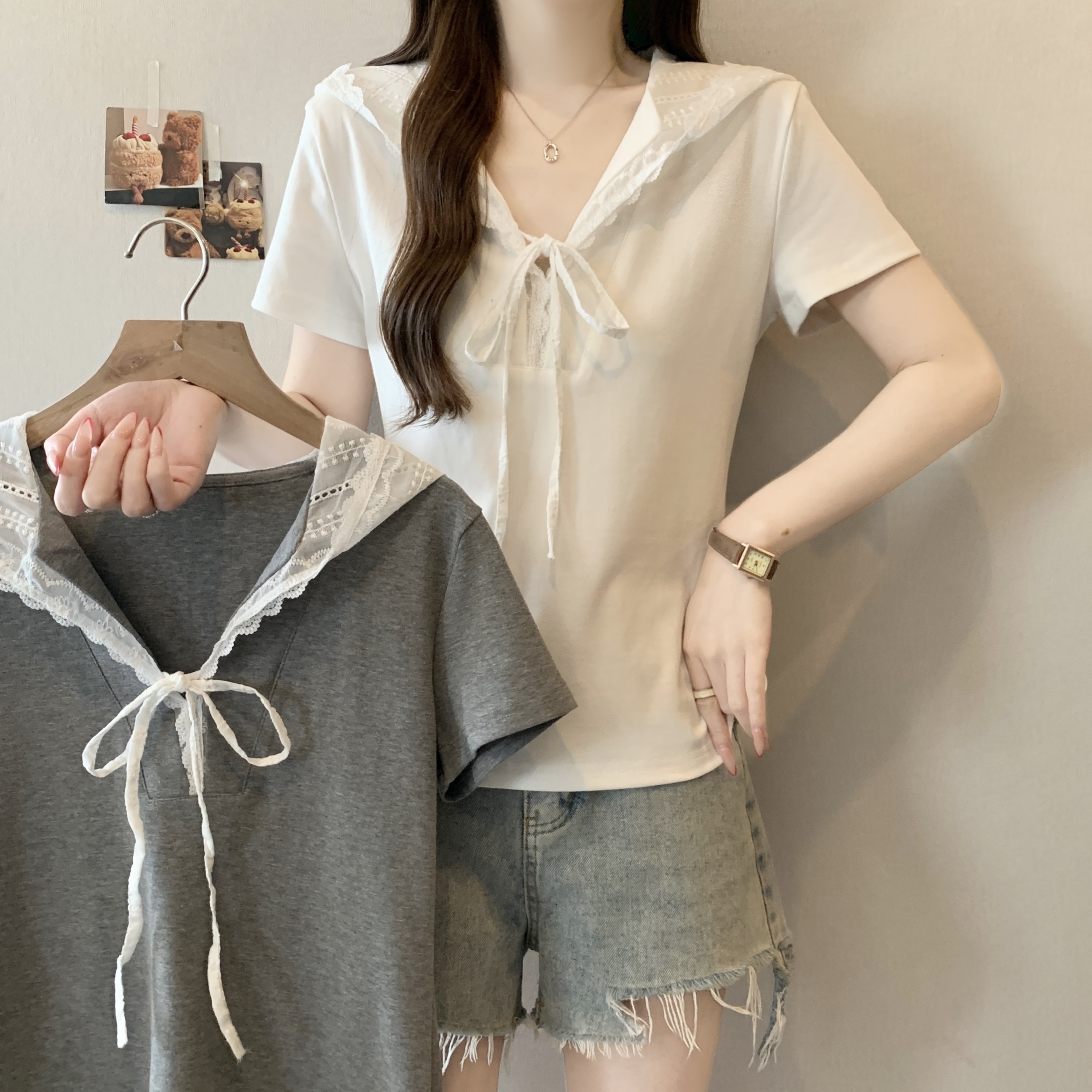 RY2468# 实拍大码2026春夏新款时尚蕾丝连帽拼接短袖设计感T恤减龄上衣