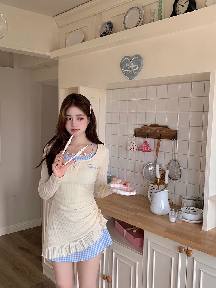 MY14979# 法式黄色假两件挂脖吊带连衣裙子新款多巴胺包臀短裙女裝貨源服裝批發