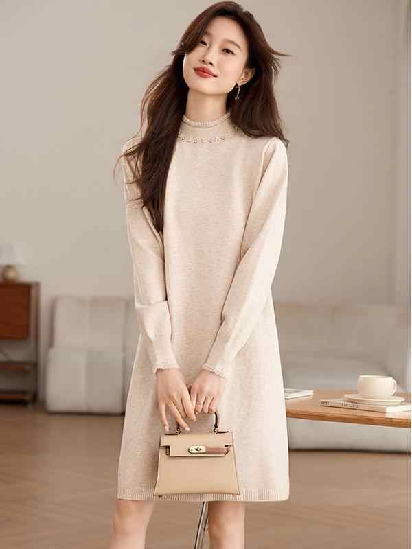 MY17579# 新款配大衣A字毛衣裙女半高领中长款打底毛衣针织纯色连衣裙...