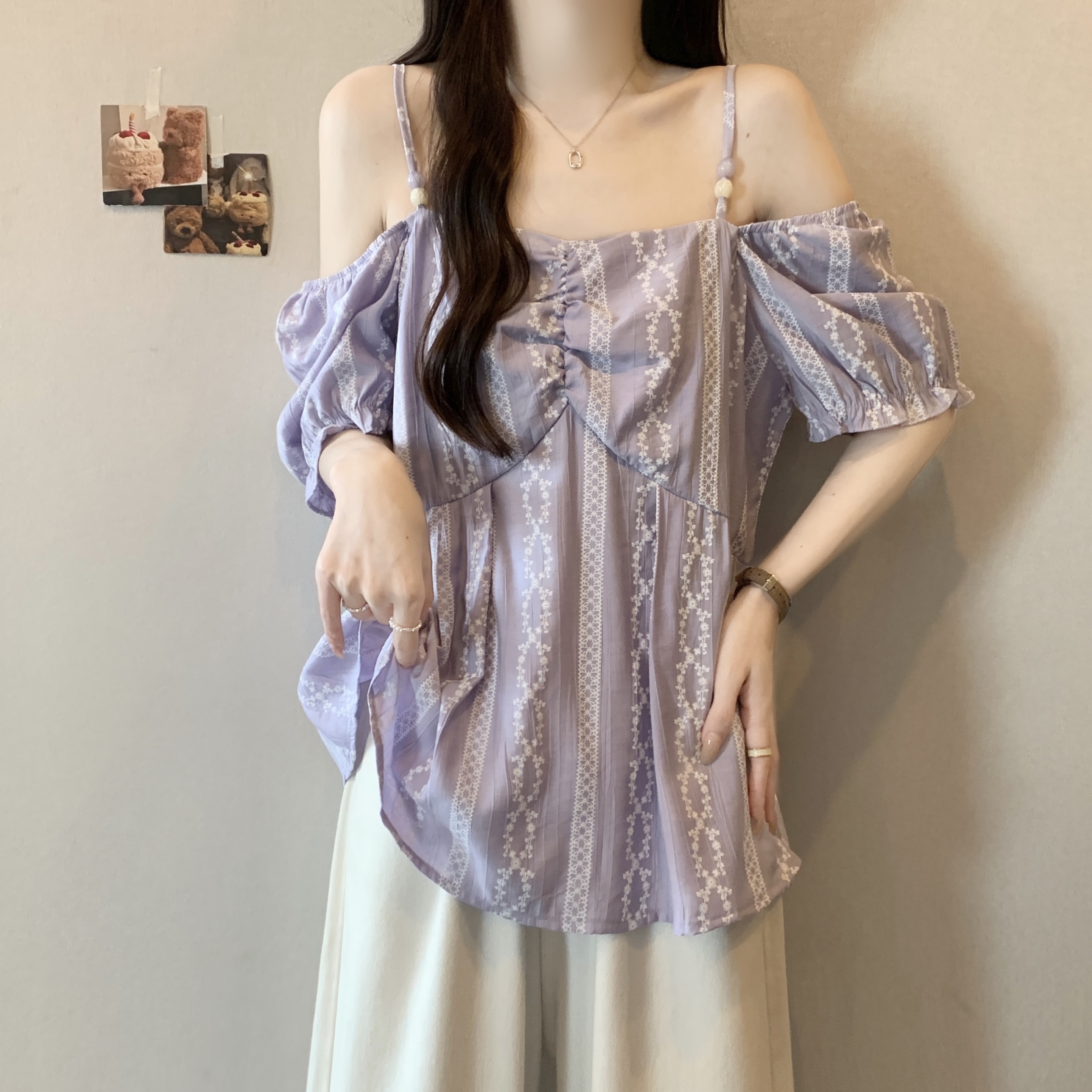MY9963# 度假风碎花吊带背心露肩短袖衬衫女夏季大码胖mm宽松显瘦遮肚上衣女裝貨源服裝批發