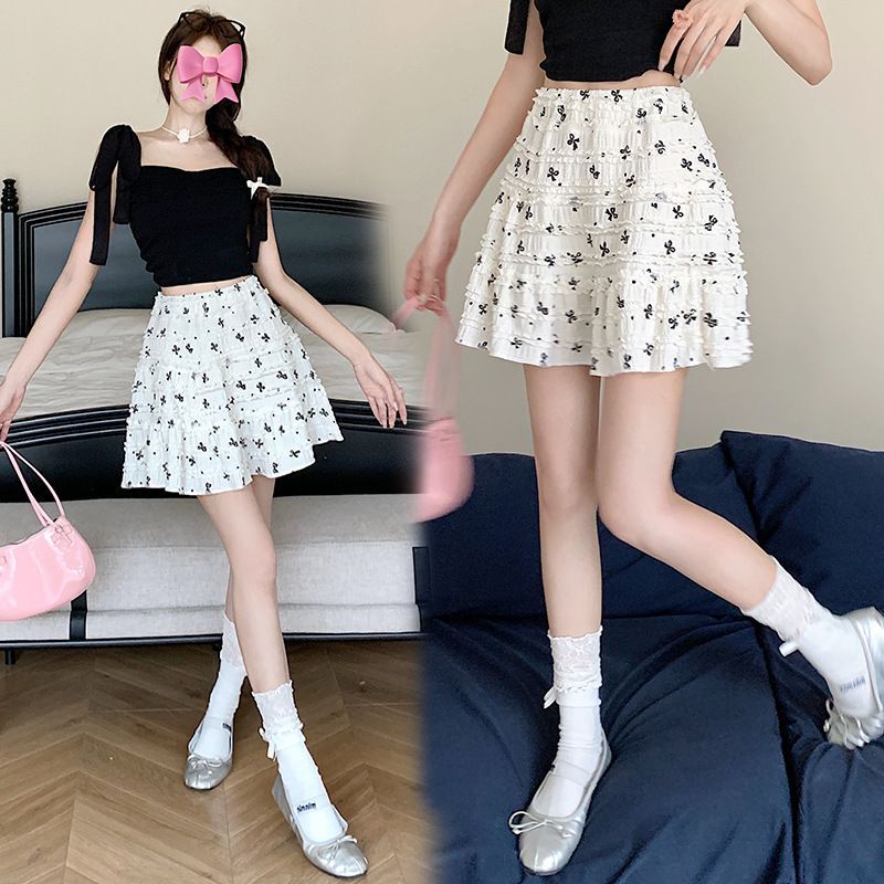 RY3330# 韩系度假风蝴蝶结印花蕾丝碎花鱼尾半身裙女夏季纯欲长裙包臀裙...