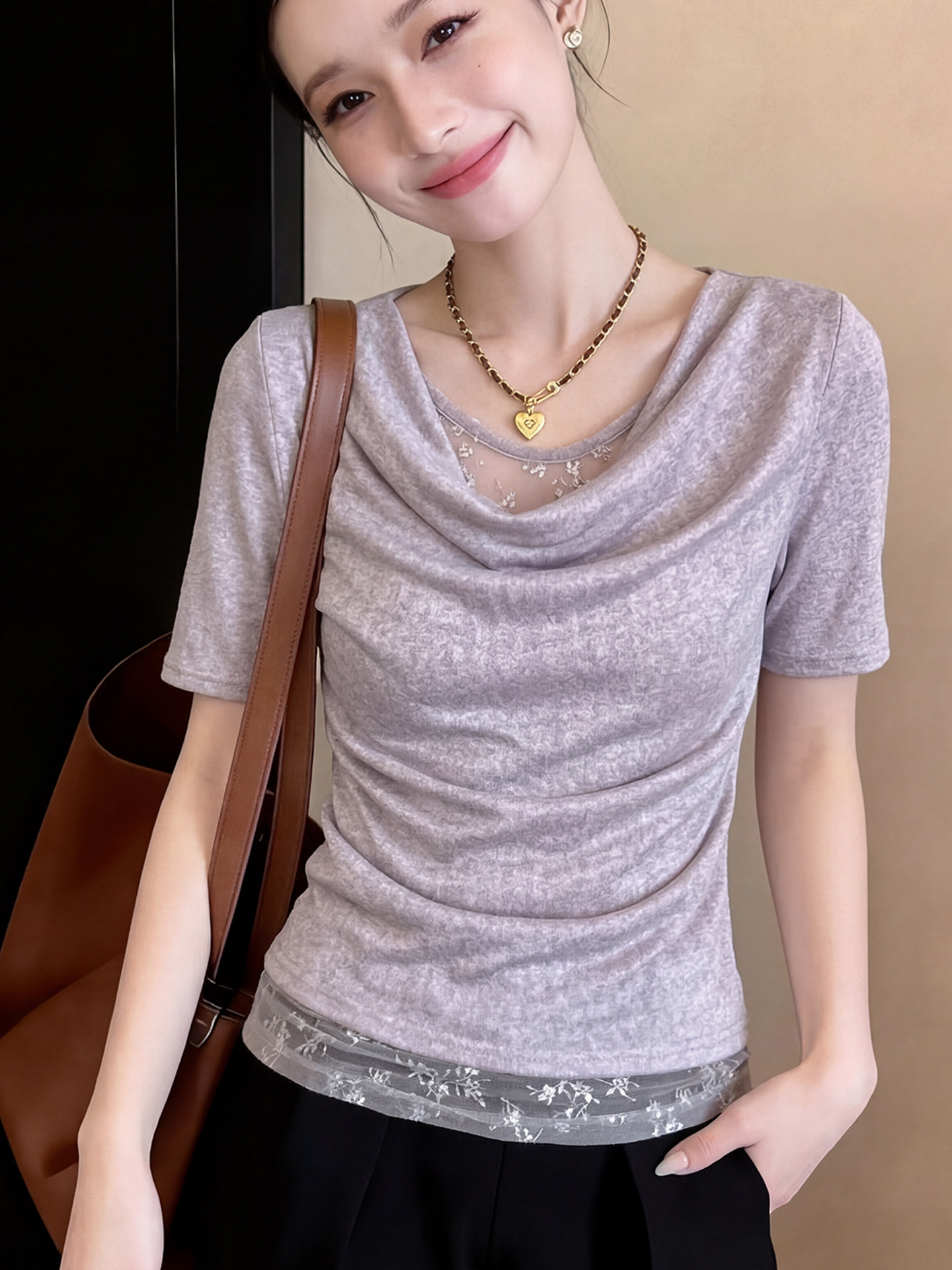 RY3337# 夏季独特漂亮荡领2026新款气质女士设计感假两件巨好看的短...