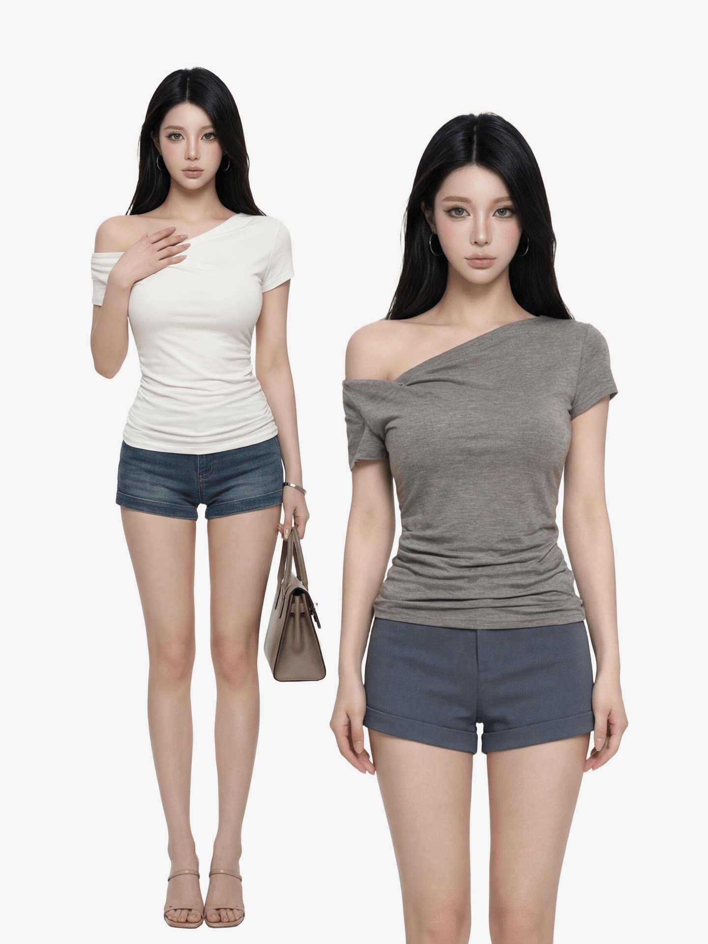 RY3335# 原版天丝韩系辣妹风斜肩短袖T恤女夏季时尚修身显瘦褶皱气质上...