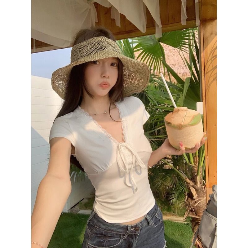RY3336# 韩版蕾丝拼接V领绑带短袖T恤女夏季修身显瘦短款辣妹上衣