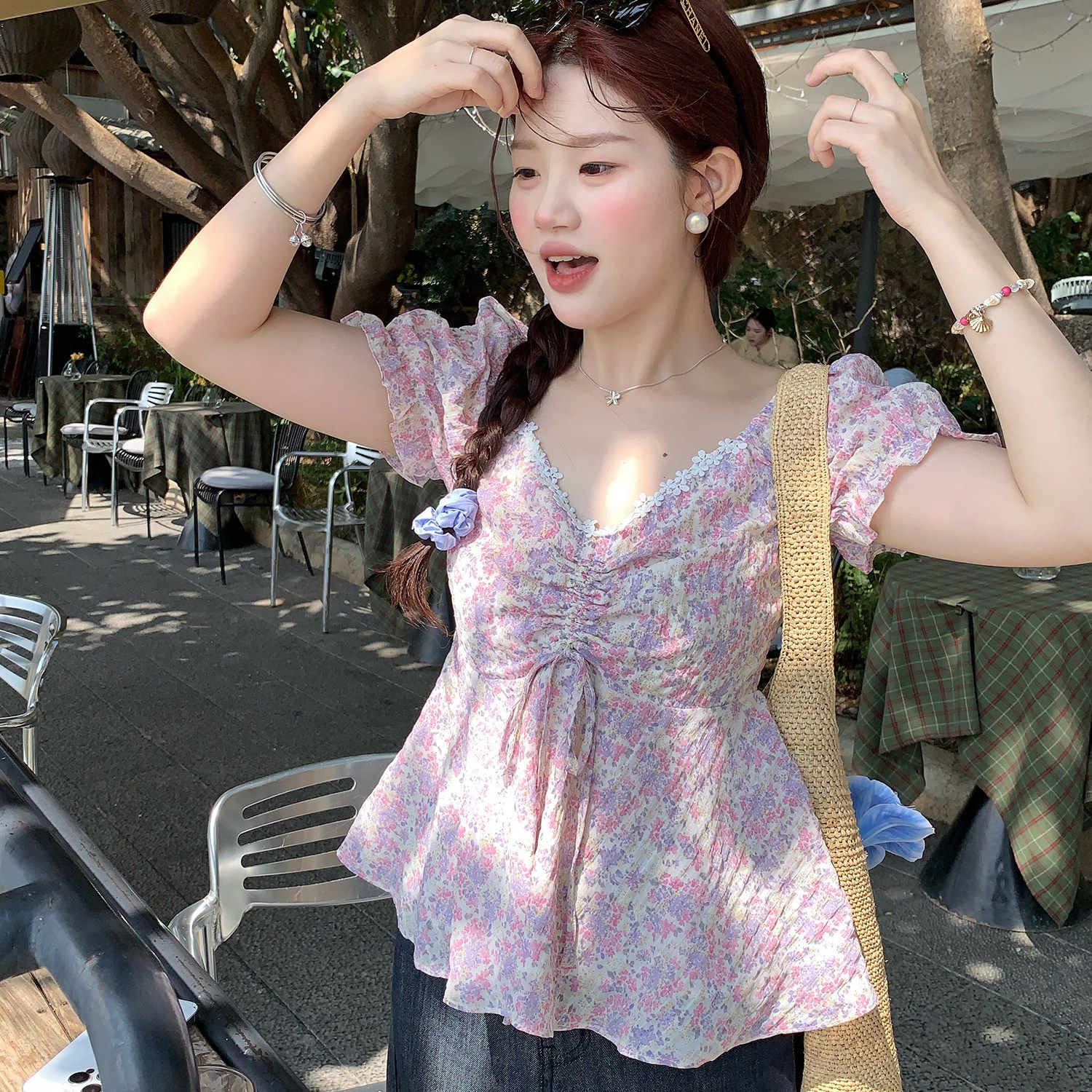 RY3333# 温柔风碎花V领衬衫夏季韩系新款遮肉显瘦抽褶泡泡袖雪纺上衣