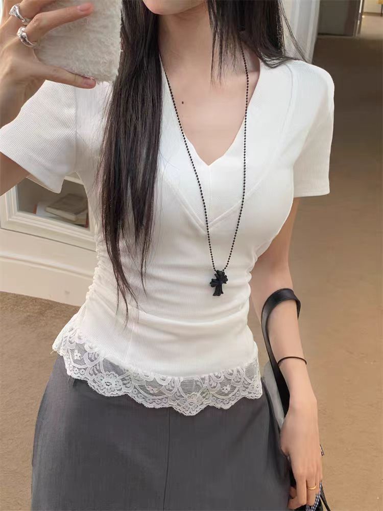 RY3331# 人棉拼接韩版蕾丝夏季气质收腰修身蕾丝花边下摆短款上衣