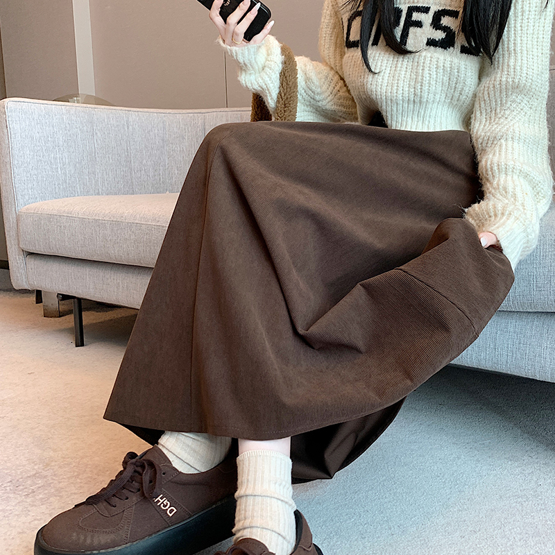 實拍長款半身裙女2025秋冬高腰韓版大擺褶皺遮胯顯瘦燈芯絨中長裙