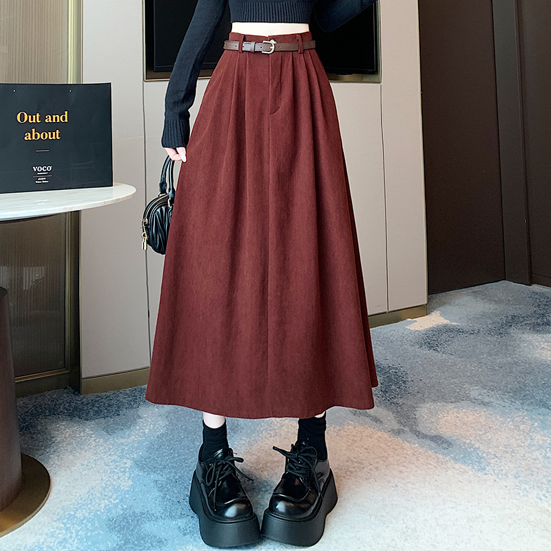 實拍長款半身裙女2025秋冬高腰韓版大擺褶皺遮胯顯瘦燈芯絨中長裙