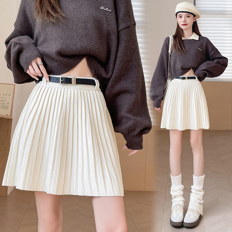 實拍針織百褶裙半身裙女2025秋冬新款氣質高腰百搭A字短裙配腰帶