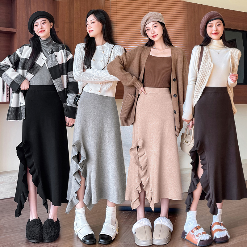 MY14930# 花朵瓣开叉针织裙半身裙新款中长裙高腰A字裙女裝貨源服裝批...