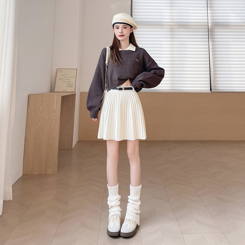 實拍針織百褶裙半身裙女2025秋冬新款氣質高腰百搭A字短裙配腰帶