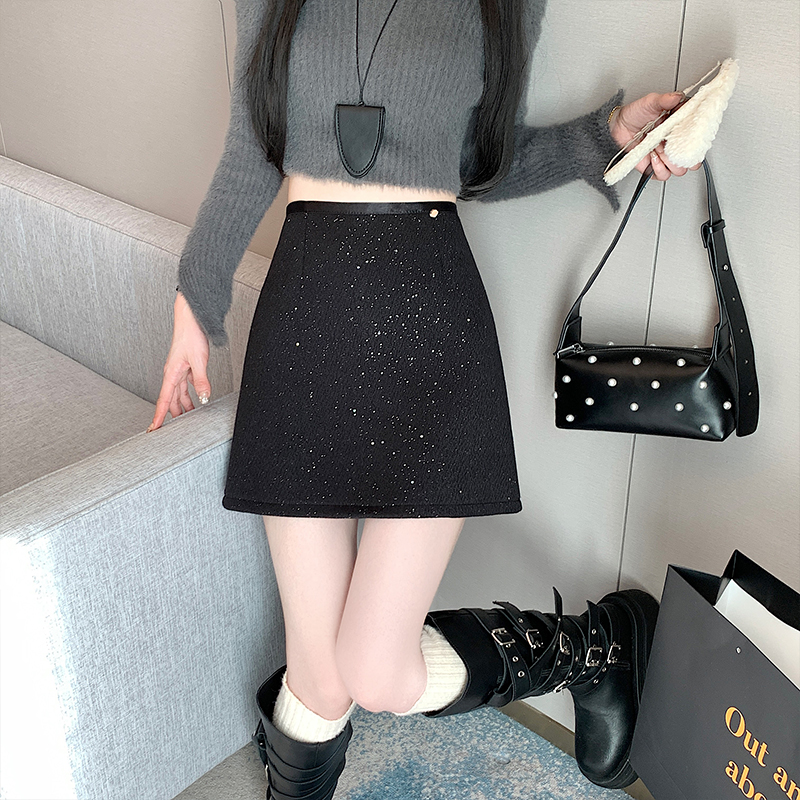 實拍 小香風閃閃重工亮片毛呢半身裙女秋冬高腰顯瘦包臀裙a字短裙