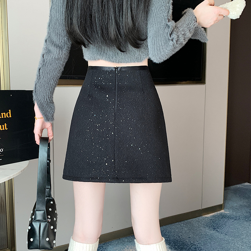 實拍 小香風閃閃重工亮片毛呢半身裙女秋冬高腰顯瘦包臀裙a字短裙
