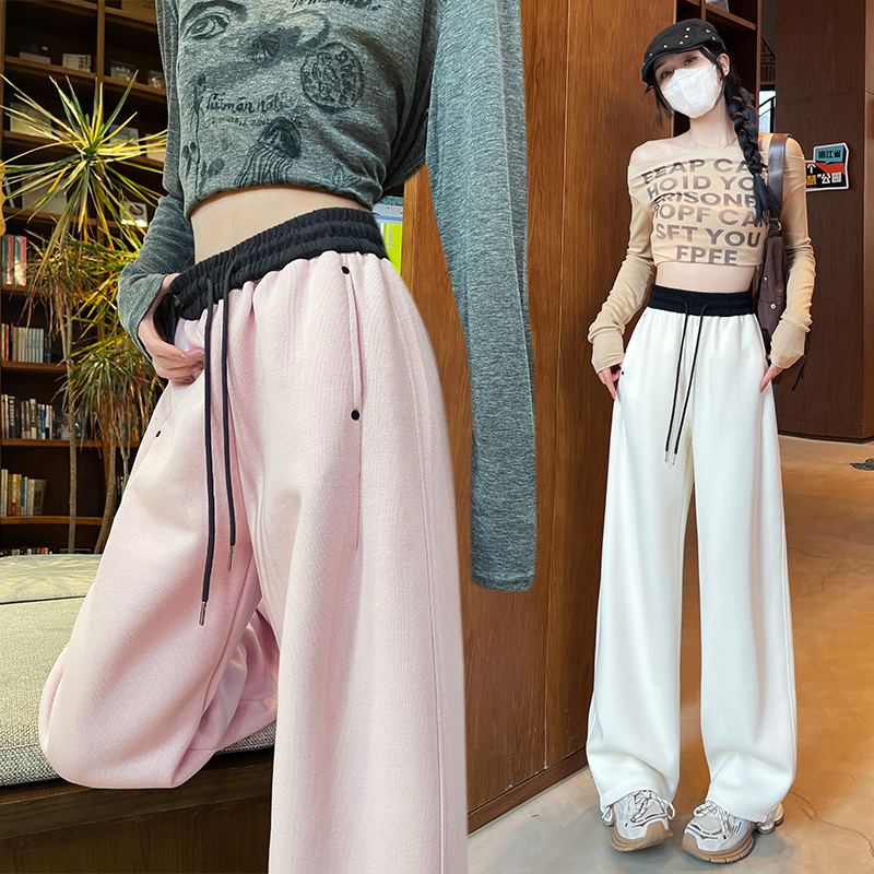 MY16199# 新款美式撞色拼接卫裤女高腰设计感休闲长裤香蕉裤弯刀裤女裝...