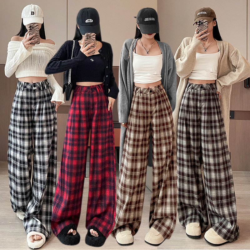 MY16197# 新款格子裤百搭美式休闲裤宽松阔腿裤慵懒显瘦格纹拖地裤女裝...