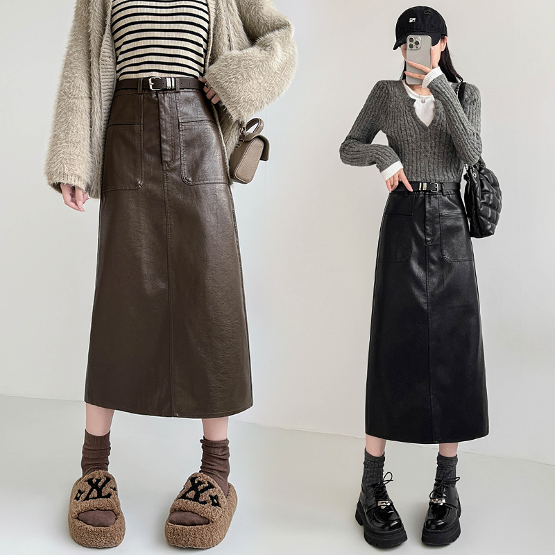 MY16196# 高腰显瘦中长款包臀开叉洗水皮半身一步长裙 送腰带女裝貨源...