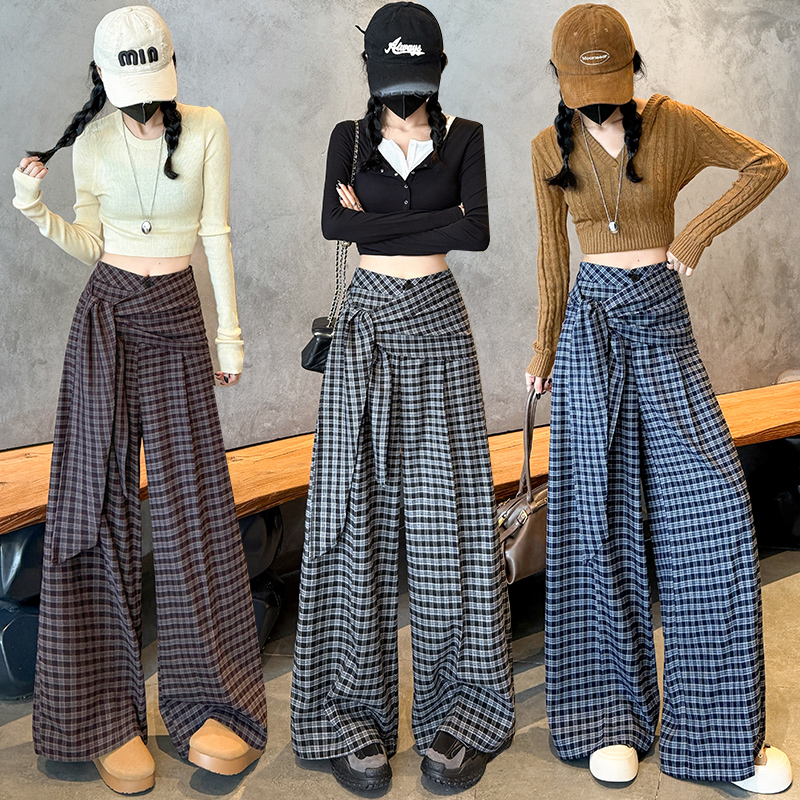 MY16194# 复古格子绑带阔腿裤新款高腰宽松垂感休闲直筒拖地长裤女裝貨...