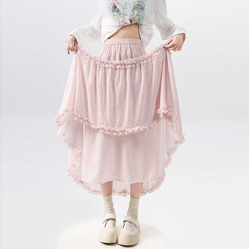 甜美少女粉色波點木耳花邊半身裙女春款高腰A字蛋糕裙中長款傘裙
