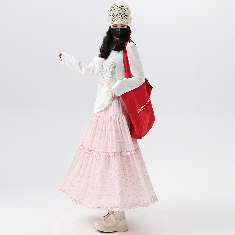 甜美少女粉色波點木耳花邊半身裙女春款高腰A字蛋糕裙中長款傘裙