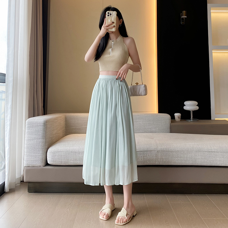 實拍高級感流光紗裙女2026春夏珠光裙子氣質楊柳皺夏網紗半身裙子