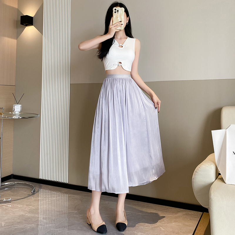 實拍高級感流光紗裙女2026春夏珠光裙子氣質楊柳皺夏網紗半身裙子