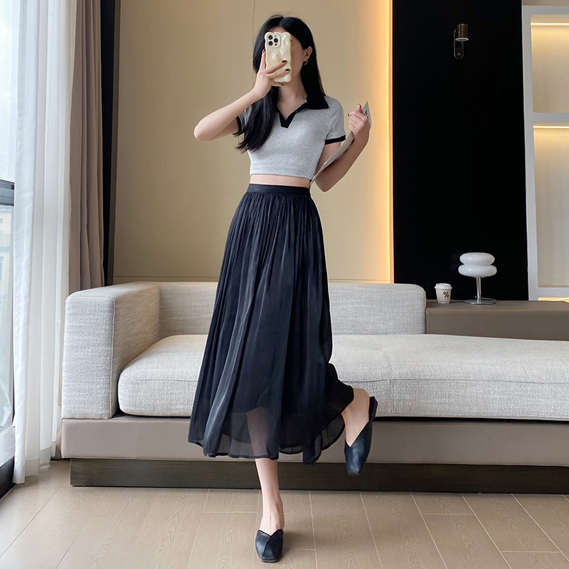 實拍高級感流光紗裙女2026春夏珠光裙子氣質楊柳皺夏網紗半身裙子