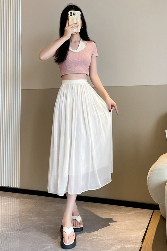 實拍高級感流光紗裙女2026春夏珠光裙子氣質楊柳皺夏網紗半身裙子