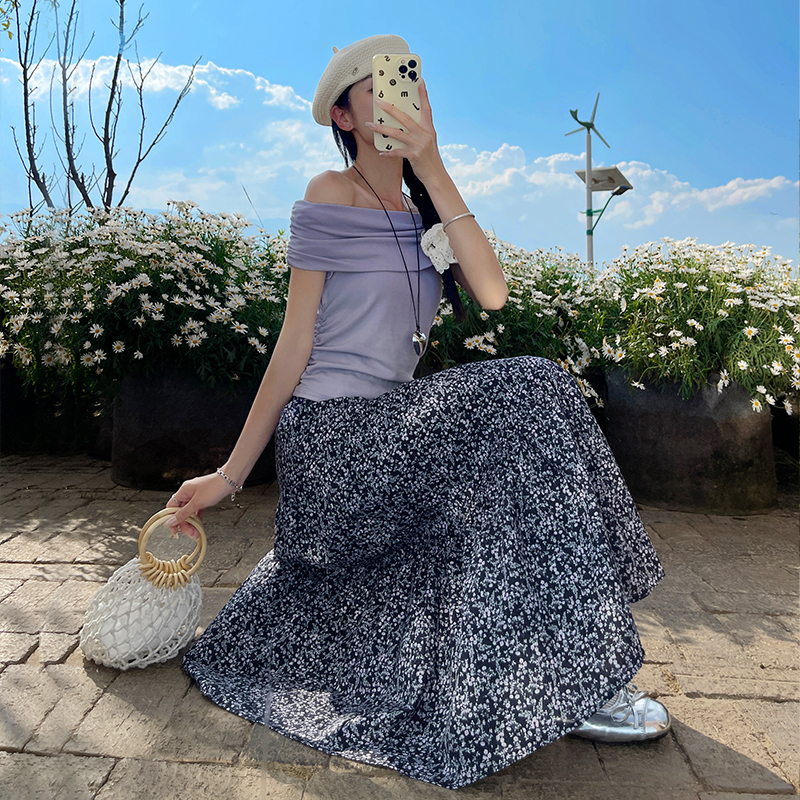 韓系松緊腰藍色碎花半身裙女2026春夏新款高腰顯瘦大擺A字長裙