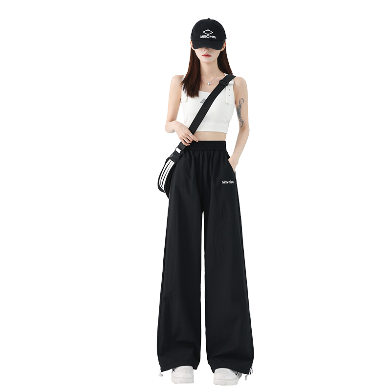 實拍美式高街條紋速干闊腿運動褲女夏季新款寬松顯瘦休閑工裝長褲