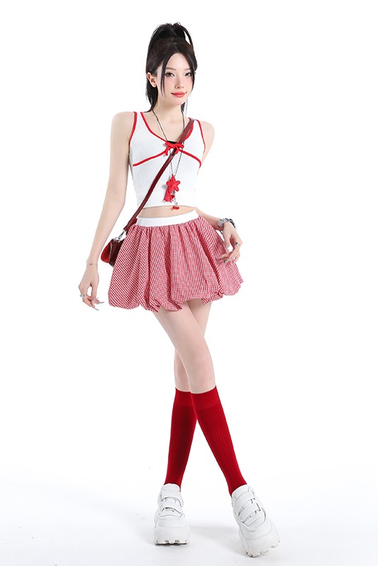 撞色格子蓬蓬裙半身裙女2026夏季新款高腰顯瘦花苞防走光短褲裙