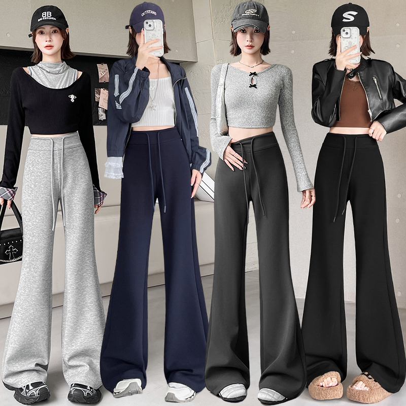 灰色微喇叭女春夏新款伊卡棉美式高腰垂感阔腿裤直筒休闲运动卫裤