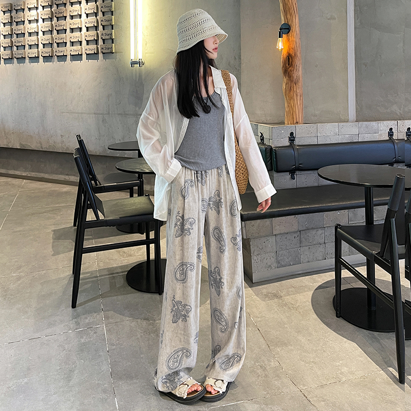 復古提花亞麻褲夏季碎花闊腿褲女2026新款寬松棉麻拖地印花休閑褲