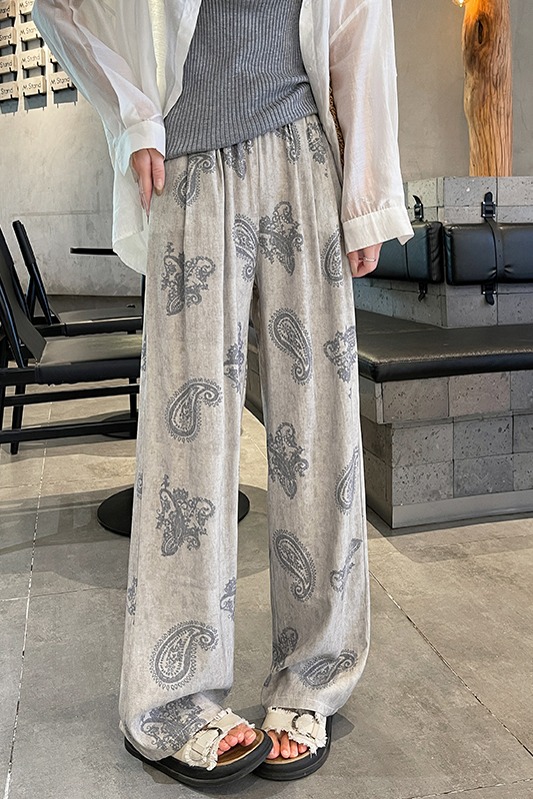 復古提花亞麻褲夏季碎花闊腿褲女2026新款寬松棉麻拖地印花休閑褲
