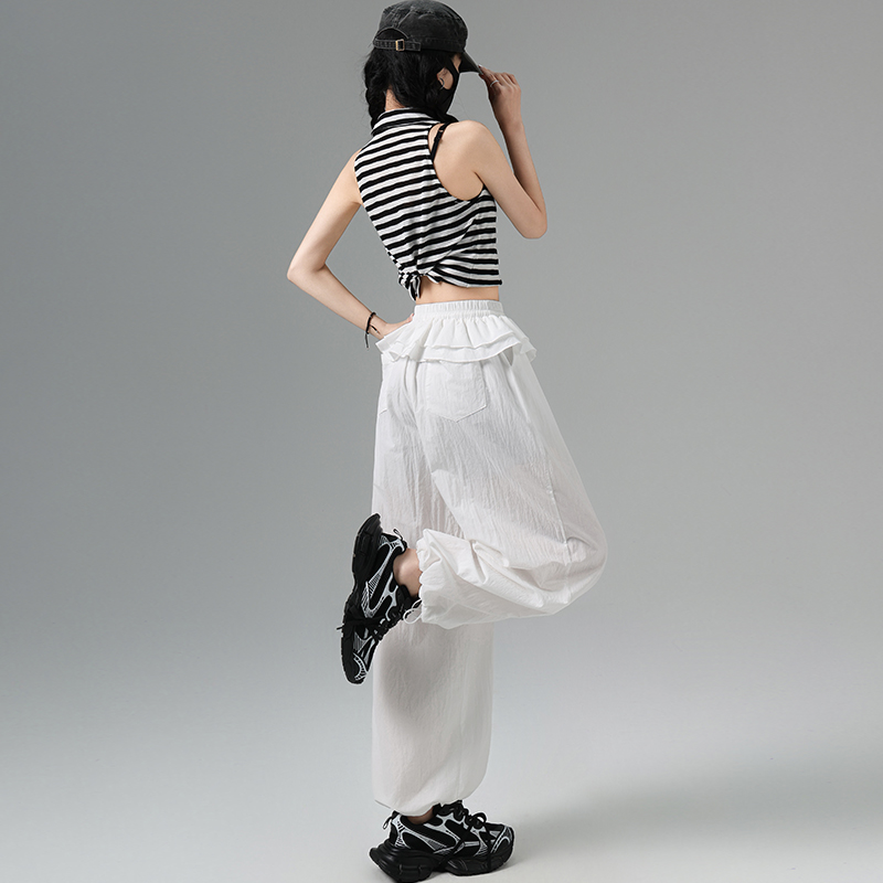 2026新款百搭休閑褲女抽繩高腰顯瘦微褶屁簾花邊拼接兩穿束腳褲