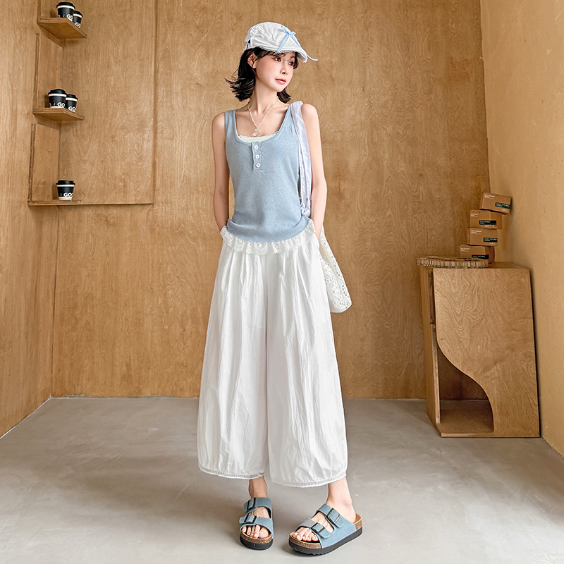 韓系2026夏薄款鏤空蕾絲花邊花苞褲女九分顯瘦洋氣闊腿燈籠氣球褲