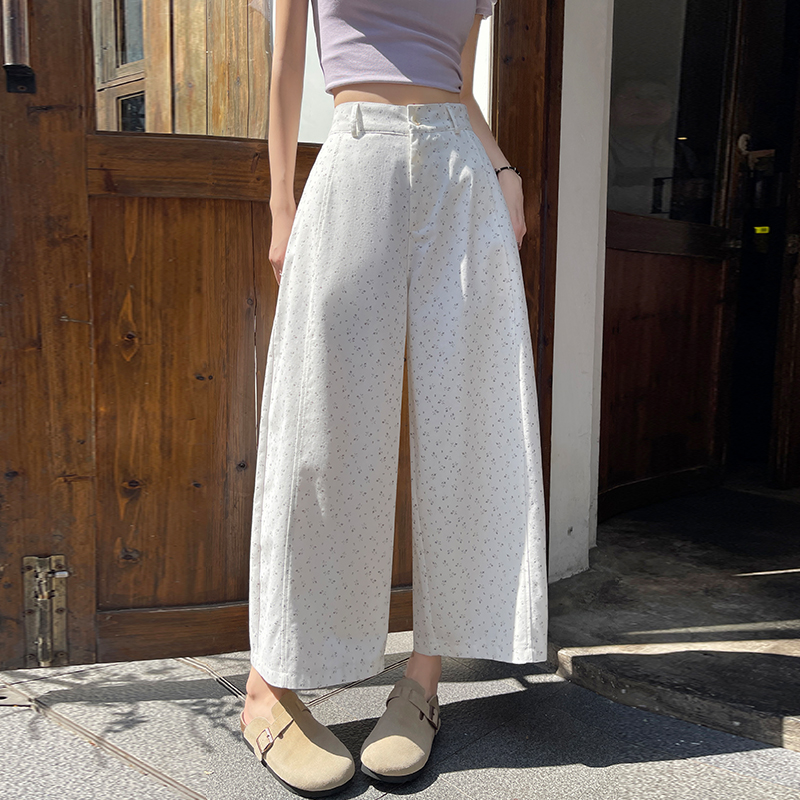 韓系小碎花洗水棉九分闊腿褲女2026新款顯瘦百搭休閑松弛感直筒褲