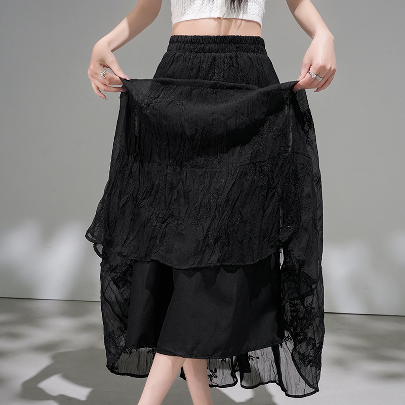 溫柔風網紗蕾絲刺繡A字半身裙女2026夏季新款寬松顯瘦蛋糕中長裙