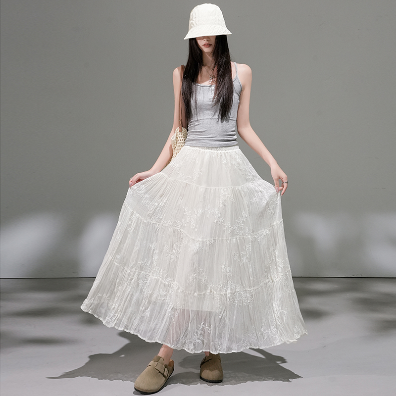 溫柔風網紗蕾絲刺繡A字半身裙女2026夏季新款寬松顯瘦蛋糕中長裙