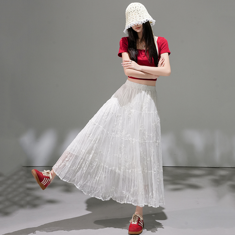 溫柔風網紗蕾絲刺繡A字半身裙女2026夏季新款寬松顯瘦蛋糕中長裙