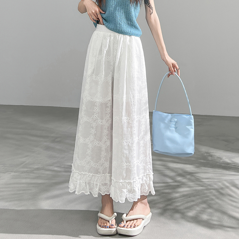 白色鏤空蕾絲刺繡闊腿褲女夏季薄款高腰寬松垂感荷葉邊休閑九分褲