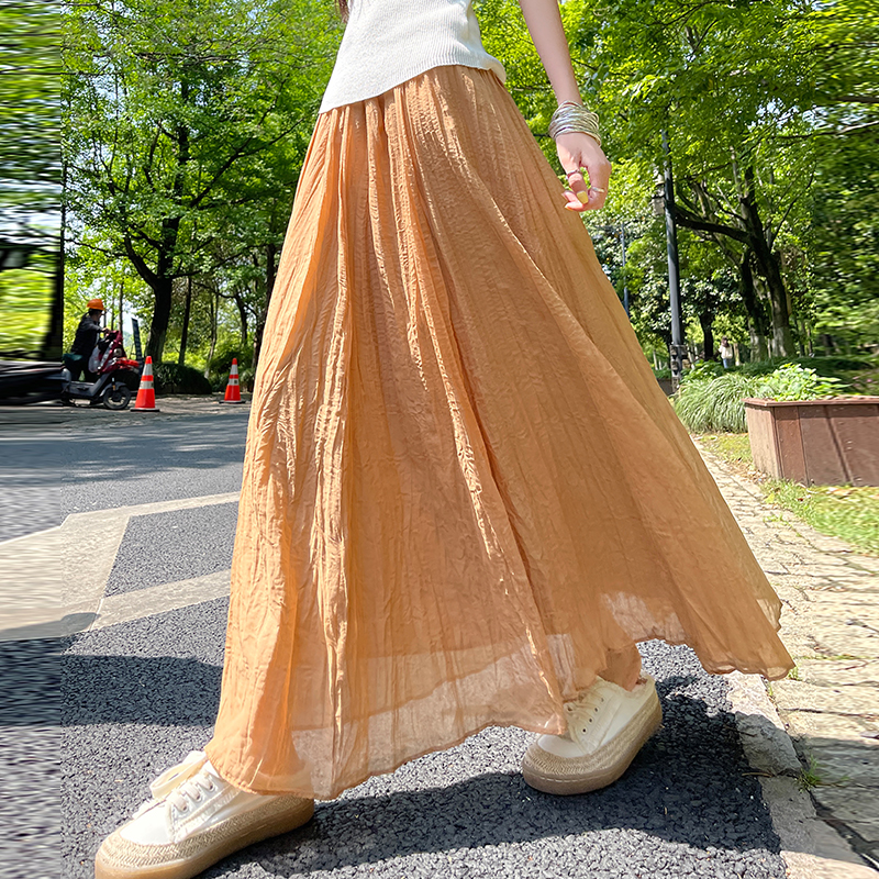 棉麻褶皺不規則飄逸夏季新款松緊腰半身裙海邊度假大裙擺長裙傘裙