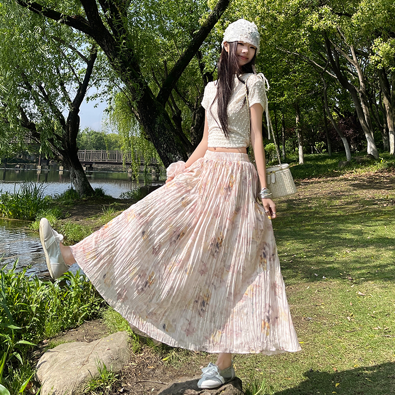 鎏金刺繡壓褶碎花長裙子高腰氣質顯瘦韓系溫柔風寬松高腰半身裙