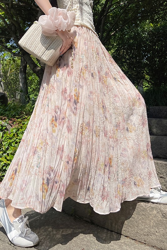 鎏金刺繡壓褶碎花長裙子高腰氣質顯瘦韓系溫柔風寬松高腰半身裙