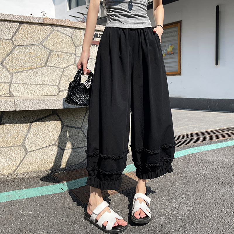 洗水棉薄款褲子女夏季木耳邊束腳花苞褲松緊垂感寬松休閑燈籠褲