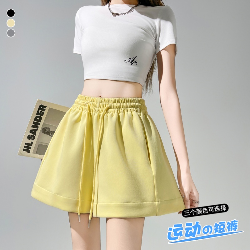 美式休閑運動短褲女夏季薄款A字高腰抽繩松緊腰寬松闊腿褲衛褲