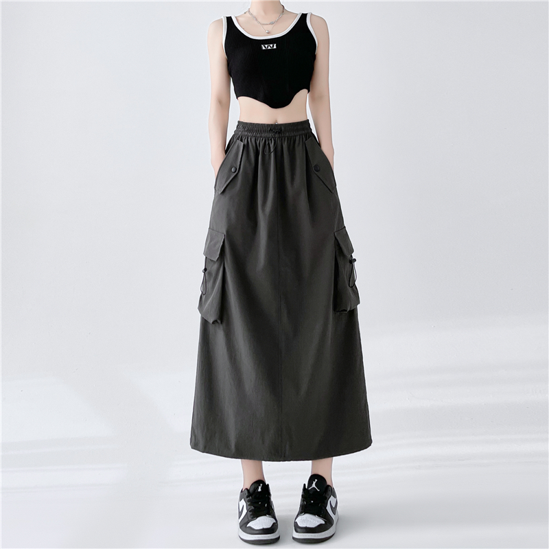 RY1910# 实拍美式半身工装裙女2026新款高腰a字显瘦灰色抽绳长款夏...
